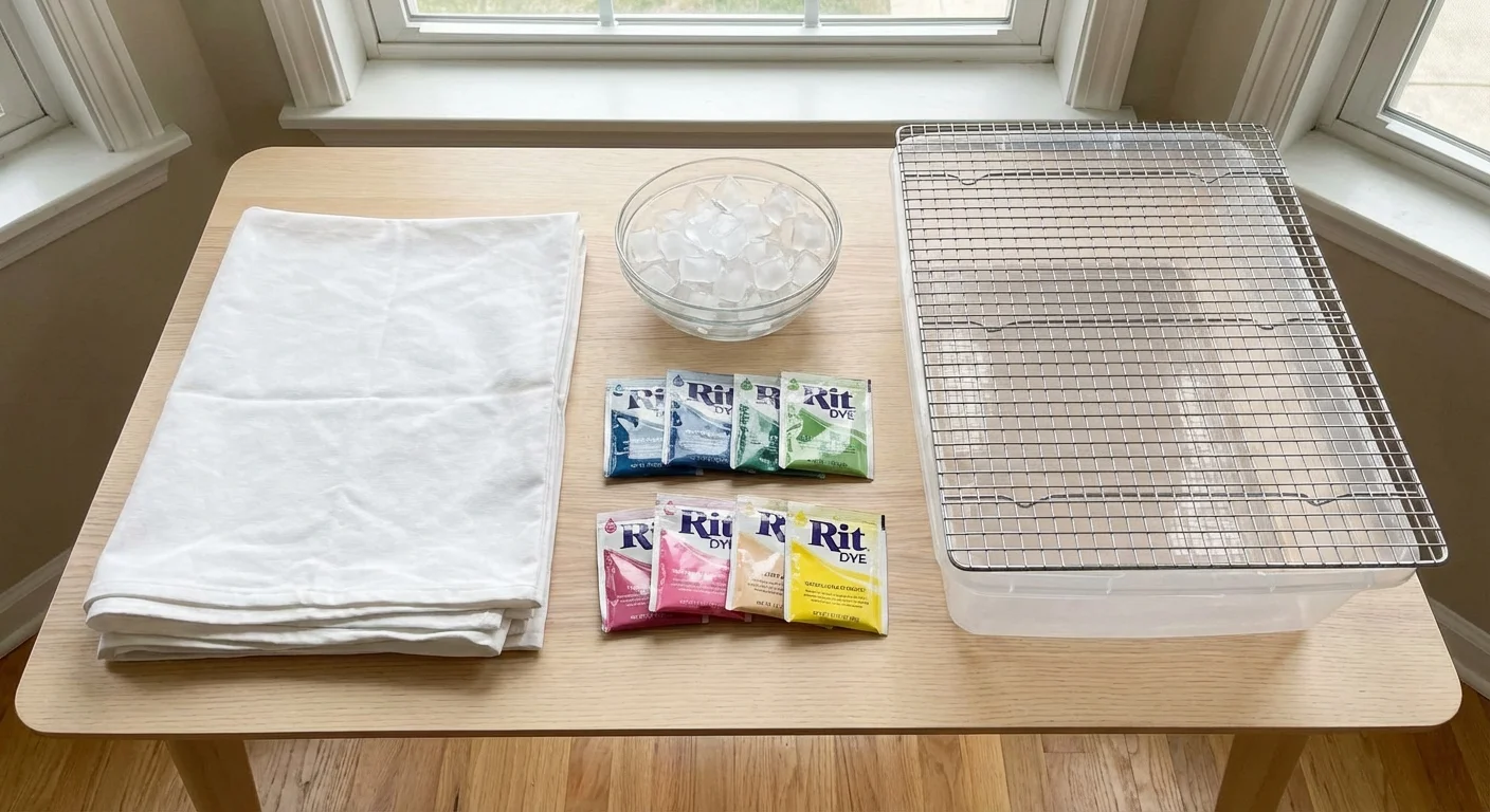 DIY materials for ice dyeing including white covers, dye powder, and ice cubes.