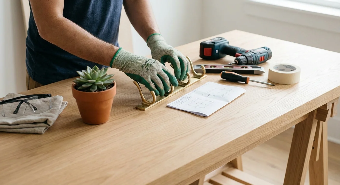 DIY tools and a potted plant during a bathroom safety upgrade.