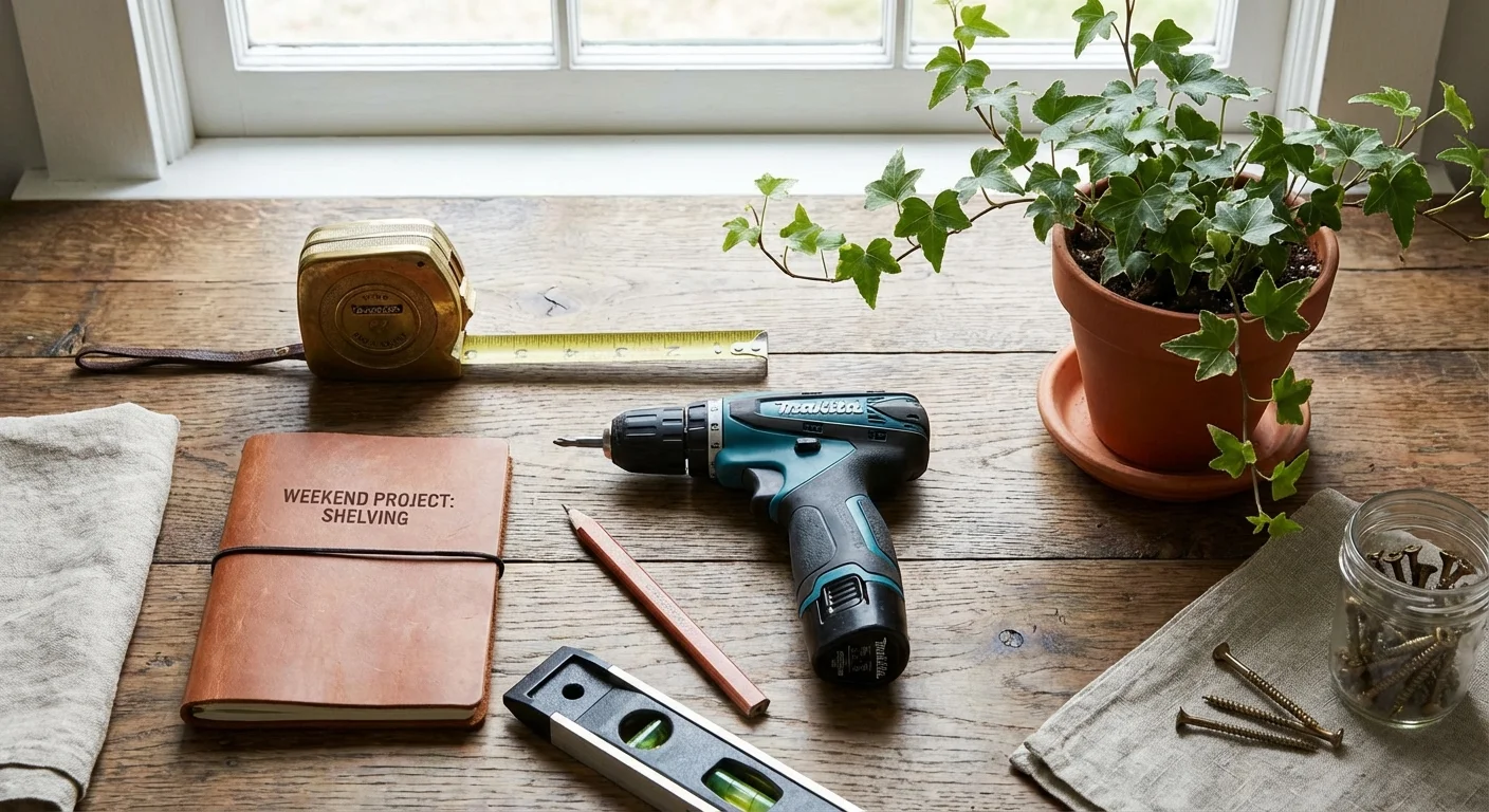 DIY tools and a small plant arranged neatly on a light wood floor.
