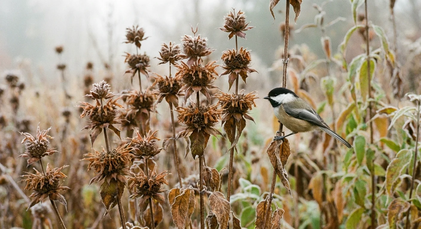 Dried Bee Balm seed heads left in the garden for birds during autumn.