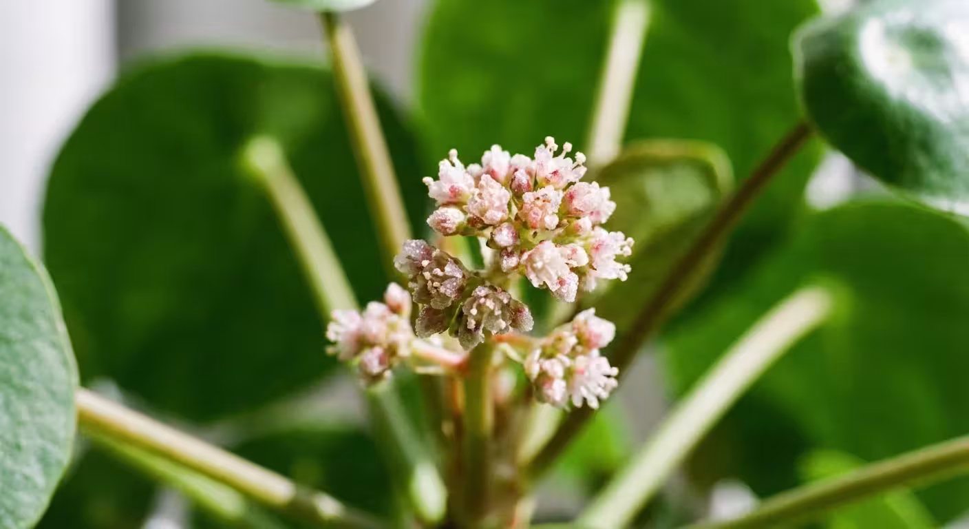 Extreme close-up of small, pale pink flowers growing from the stem of a Chinese Money Plant.