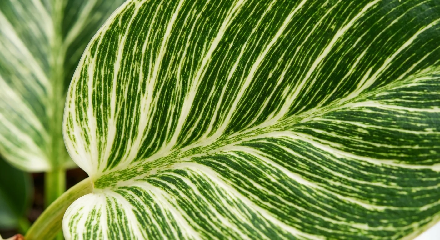 Extreme close-up of the unique pinstripe variegation on a Birkin leaf.