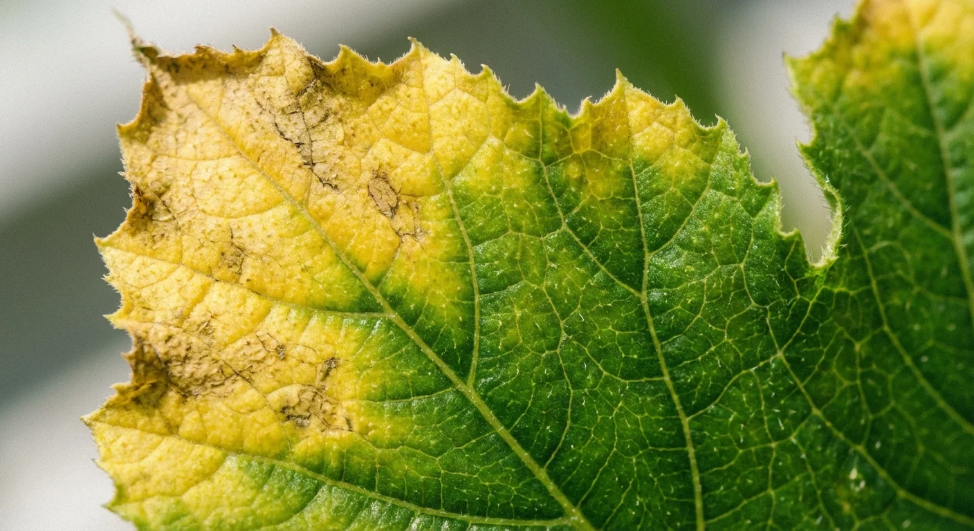 Extreme close-up of the yellowing edge of a green zucchini leaf.