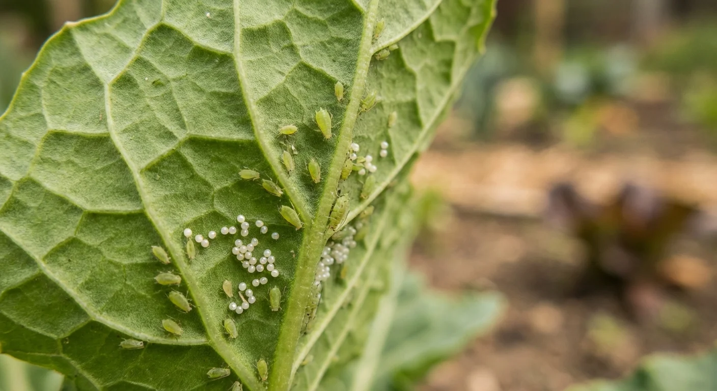 Extreme close-up of tiny aphids and their eggs on the underside of a green leaf.