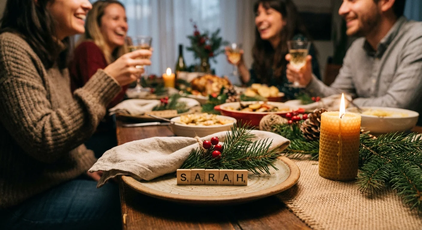 Festive dinner table setting with creative Scrabble piece place names and candlelight.