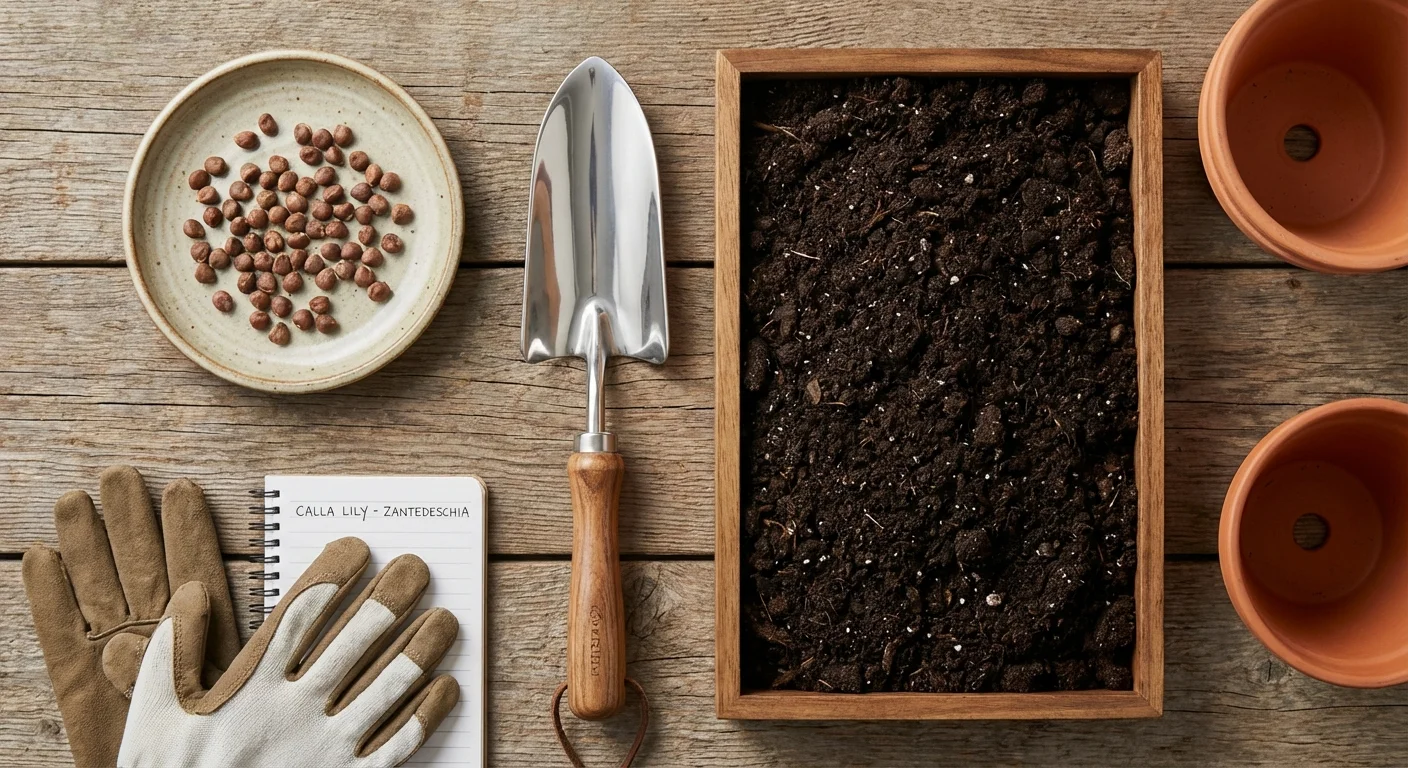 Flat lay of gardening tools and seeds for Calla Lily propagation.