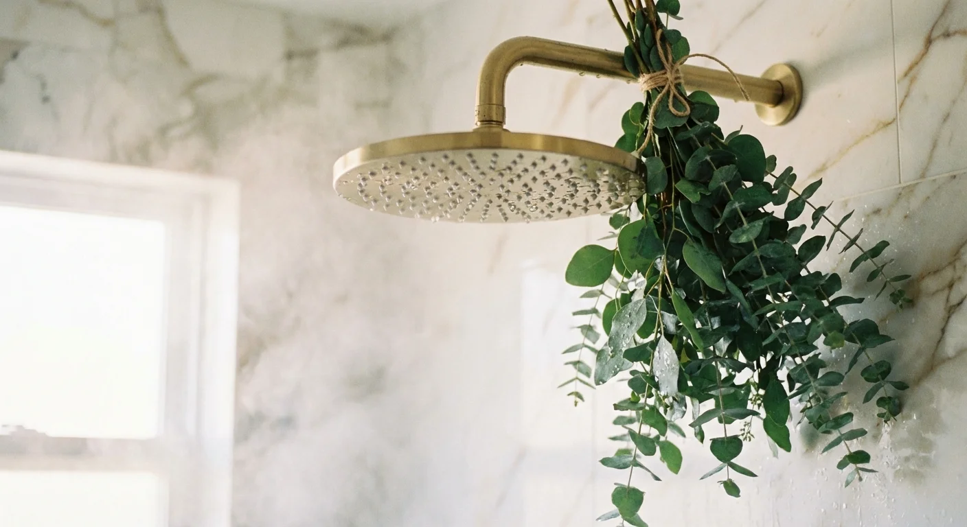 Fresh eucalyptus leaves tied to a brass showerhead with soft steam rising against a marble wall.