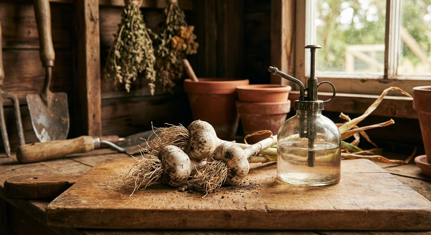 Fresh garlic bulbs and a spray bottle prepared for making a natural repellent.