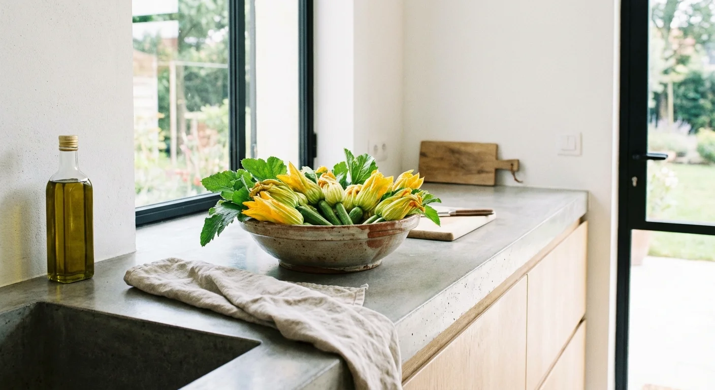 Fresh zucchini leaves and blossoms in a bowl on a kitchen counter.