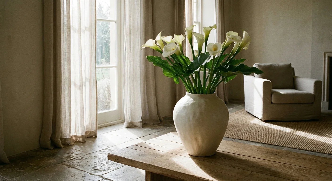 Freshly cut Calla Lilies in a white vase on a sunlit table.