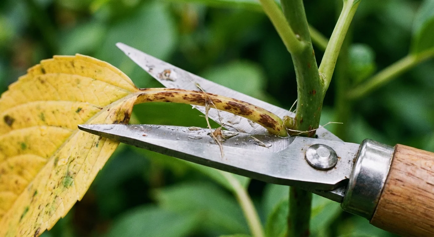 Garden shears about to prune a yellow leaf from a zucchini plant.