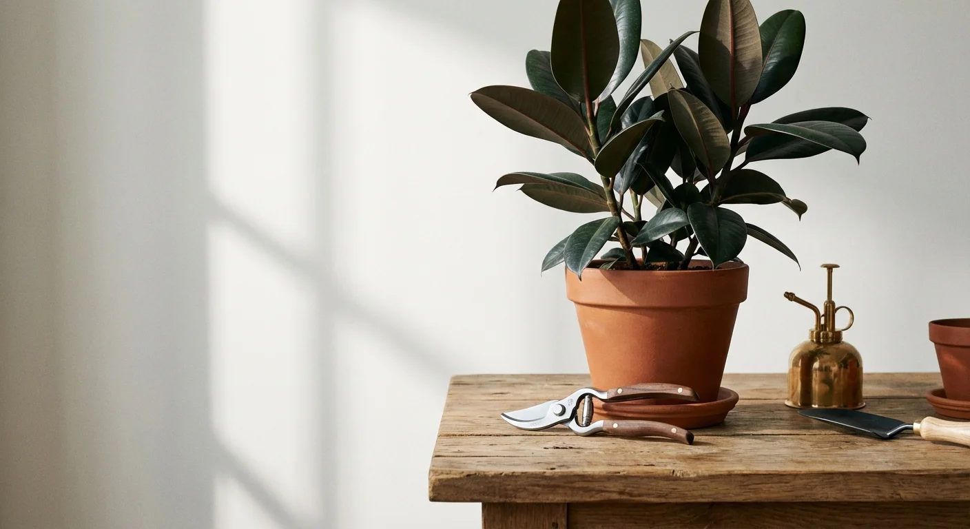 Garden shears on a table next to a rubber plant.
