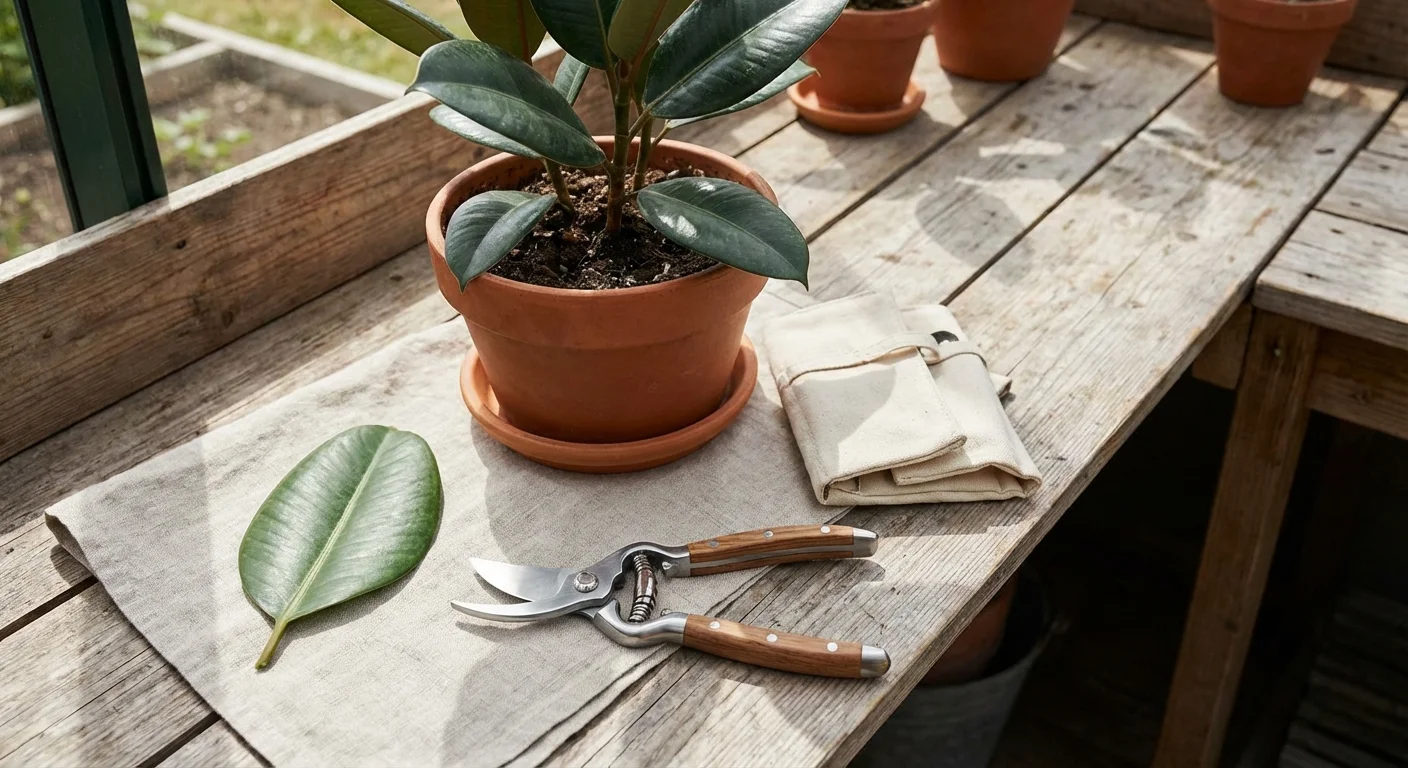 Garden shears on a wooden bench next to a rubber plant, suggesting careful pruning.
