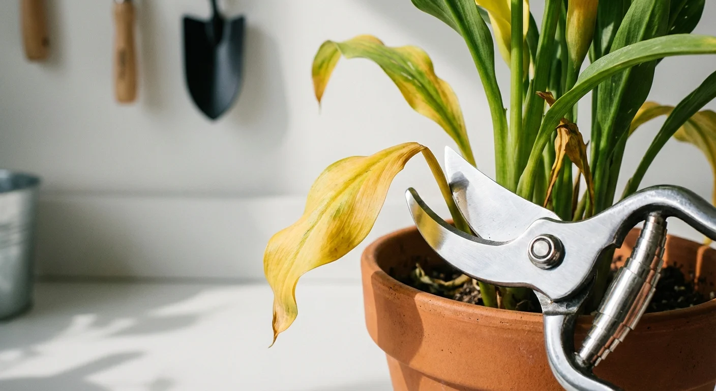 Garden shears pruning a yellowed leaf from a Calla Lily plant.