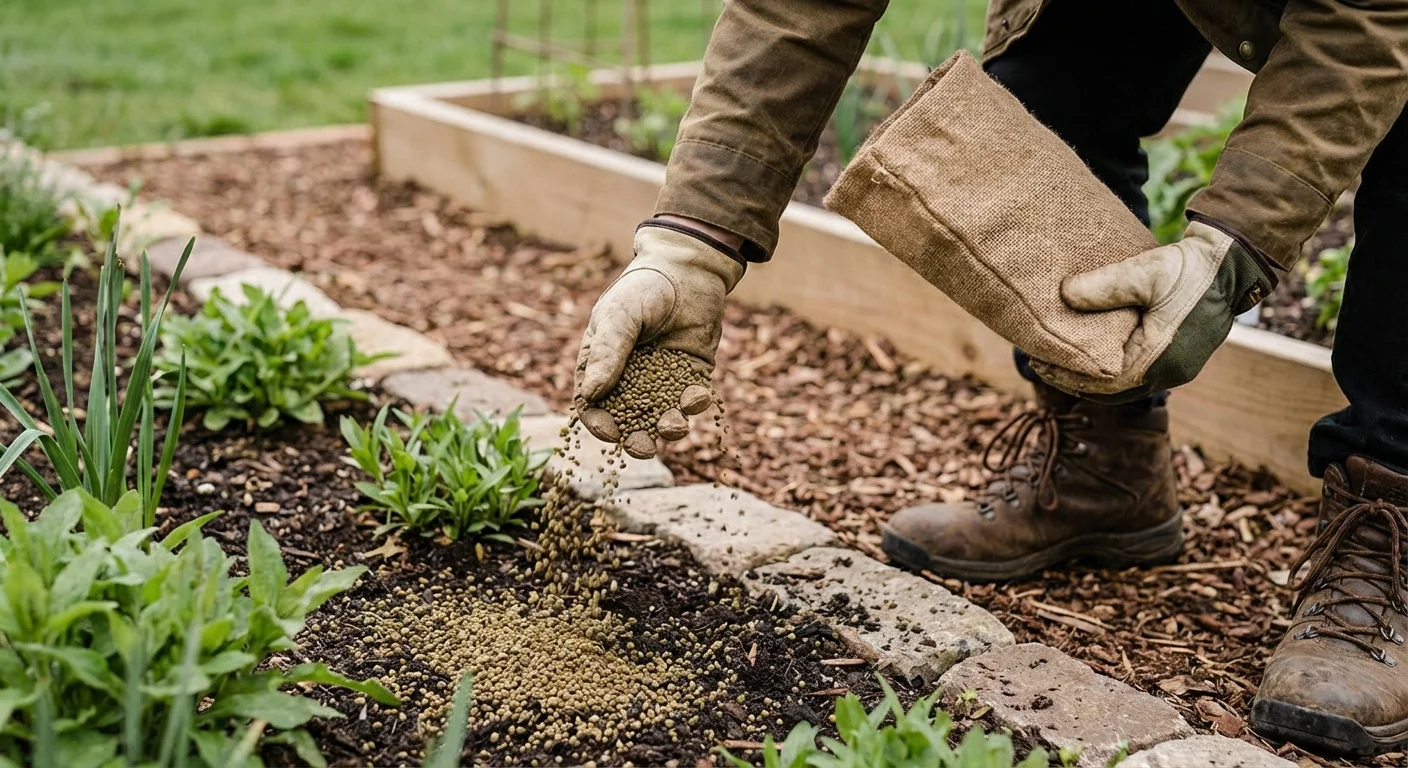 Gardener applying lawn treatment granules to a garden bed during the spring.