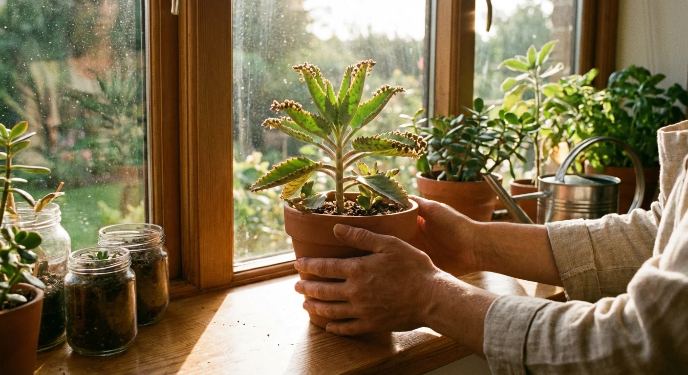 Gardener moving a succulent plant into direct sunlight to encourage blooming.