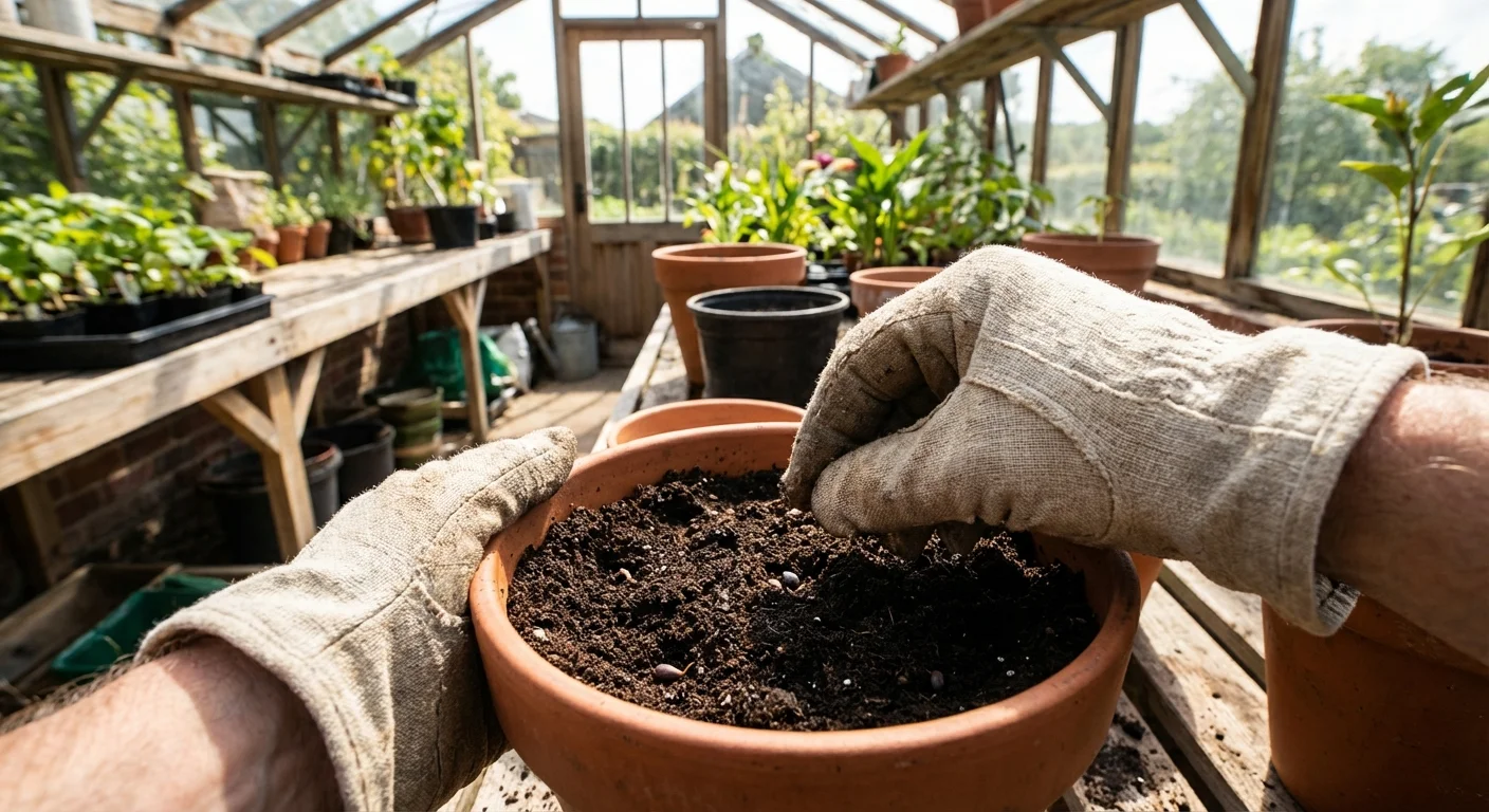 Gardener planting small seeds into a terracotta pot with dark soil.