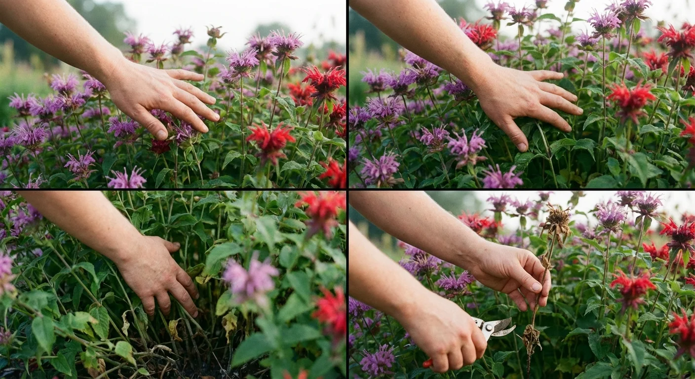 Gardener reaching into a Bee Balm plant to locate a stem for pruning.