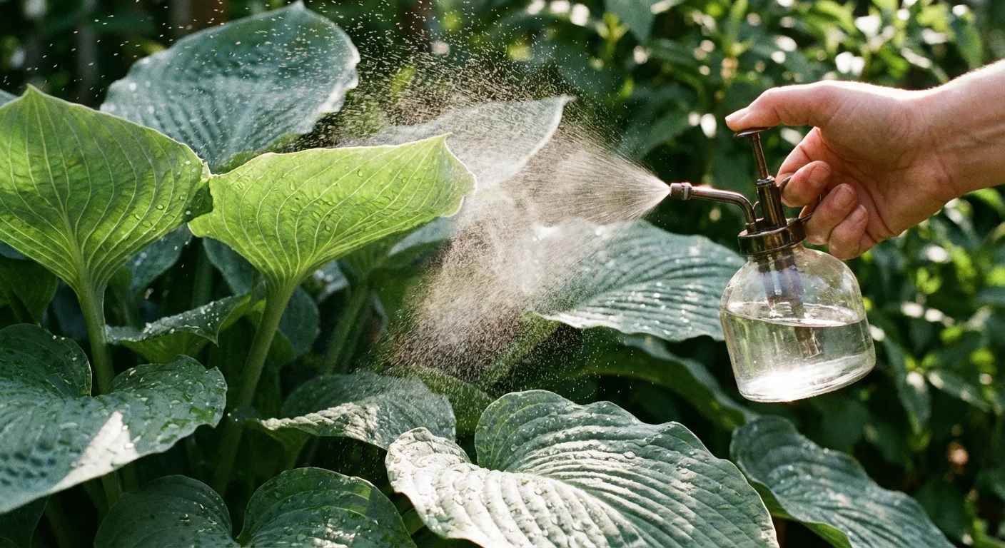 Gardener spraying the underside of leaves with a natural repellent mist.
