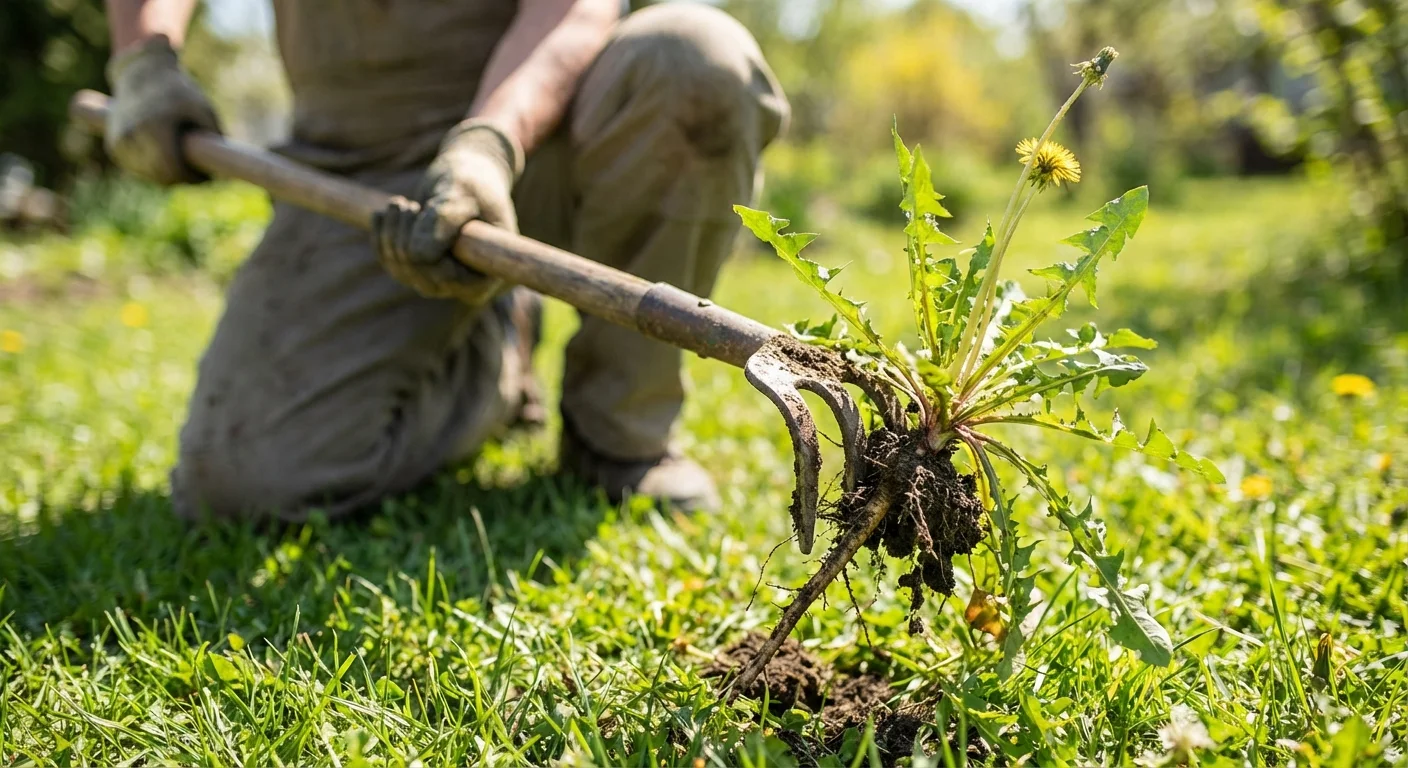 Gardener using a weeding tool to remove a dandelion root from the grass.