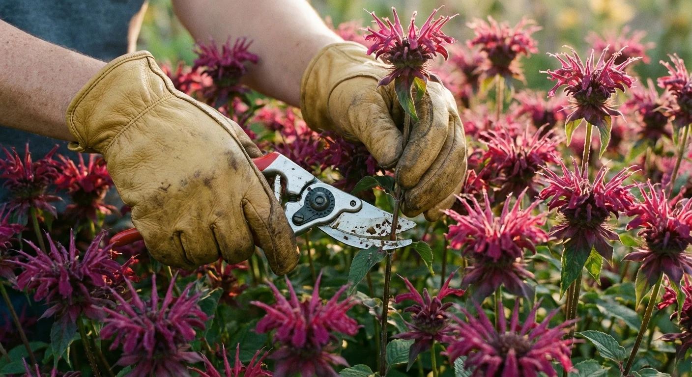 Gardener's hands pruning a Bee Balm plant with shears to control its growth.