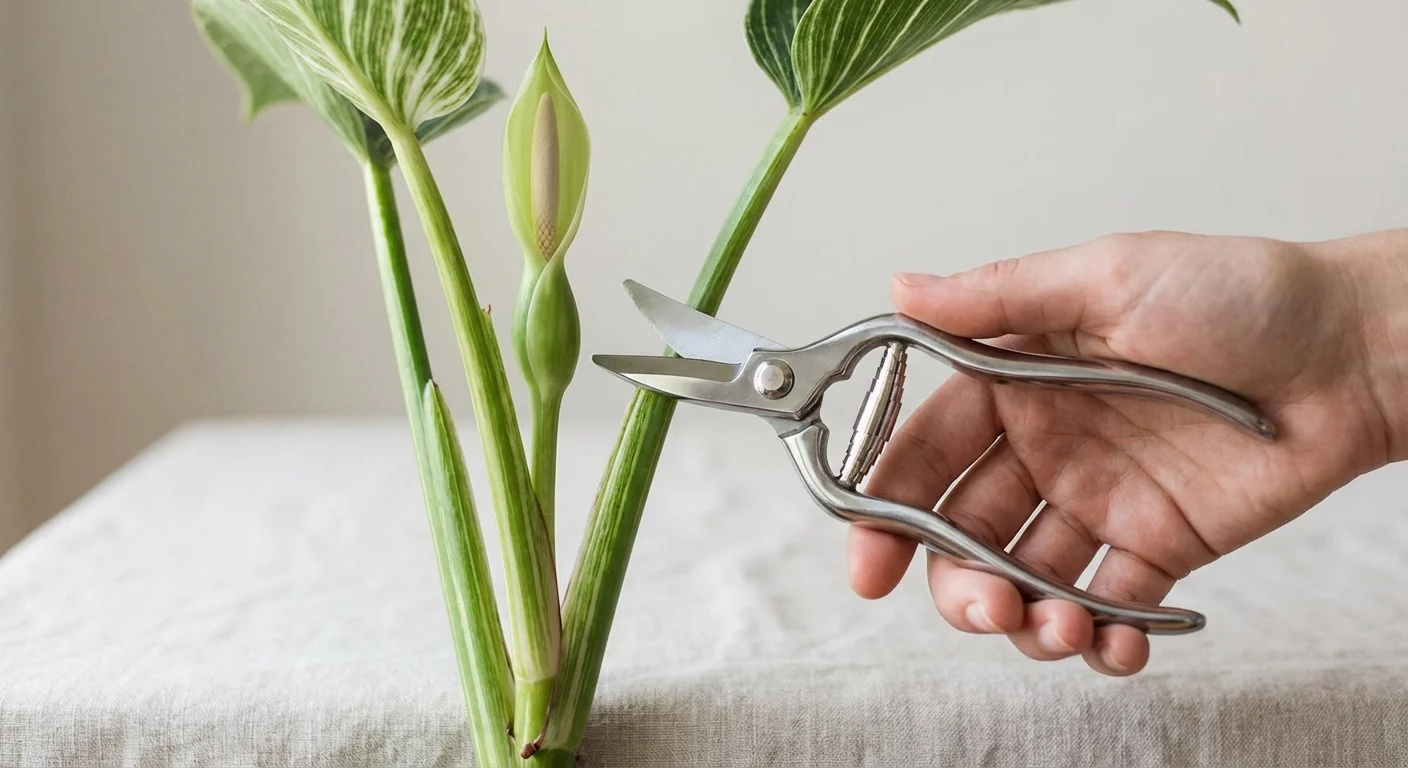 Gardening shears held near a Philodendron Birkin flower, suggesting pruning maintenance.