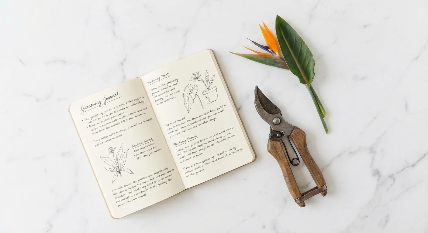 Gardening tools and a journal on a white marble surface.