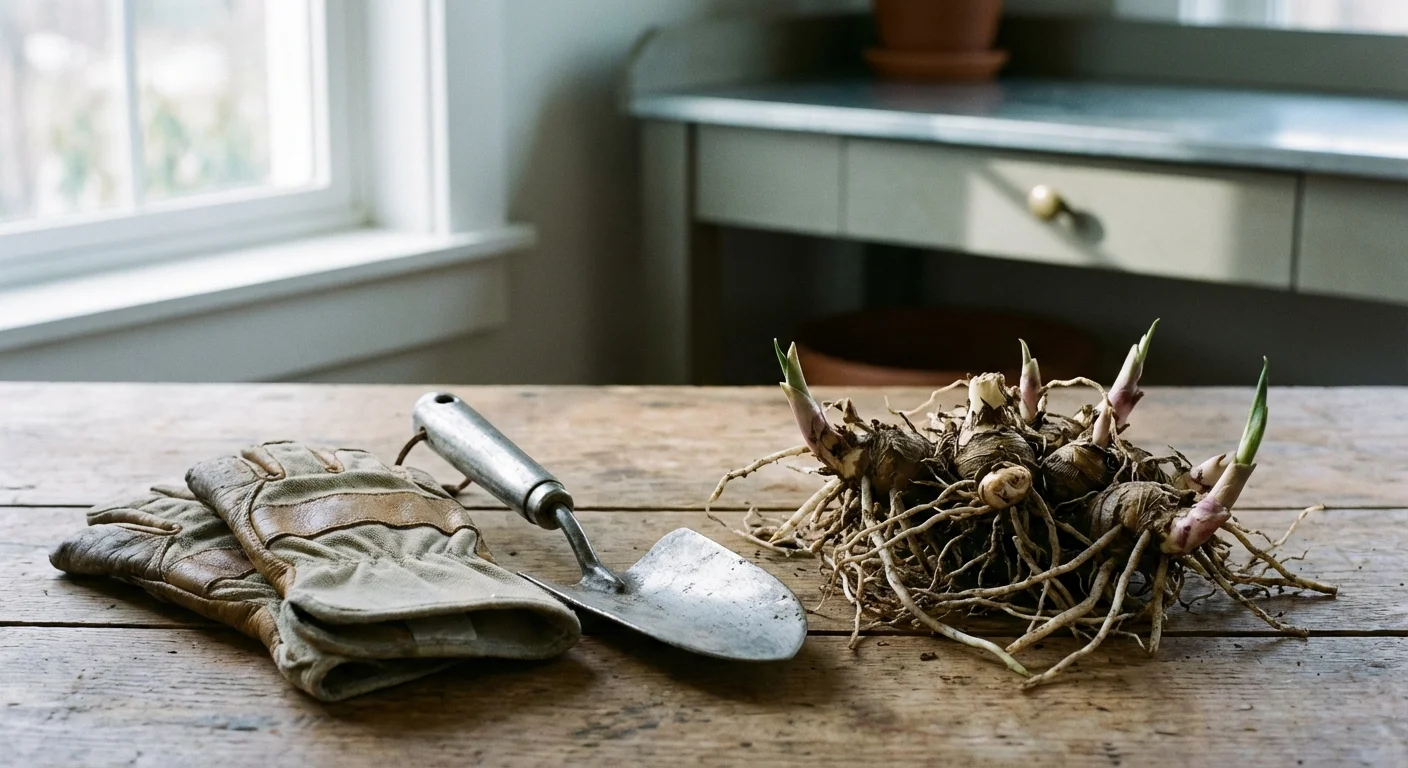 Gardening tools and Calla Lily rhizomes on a wooden table in spring light.