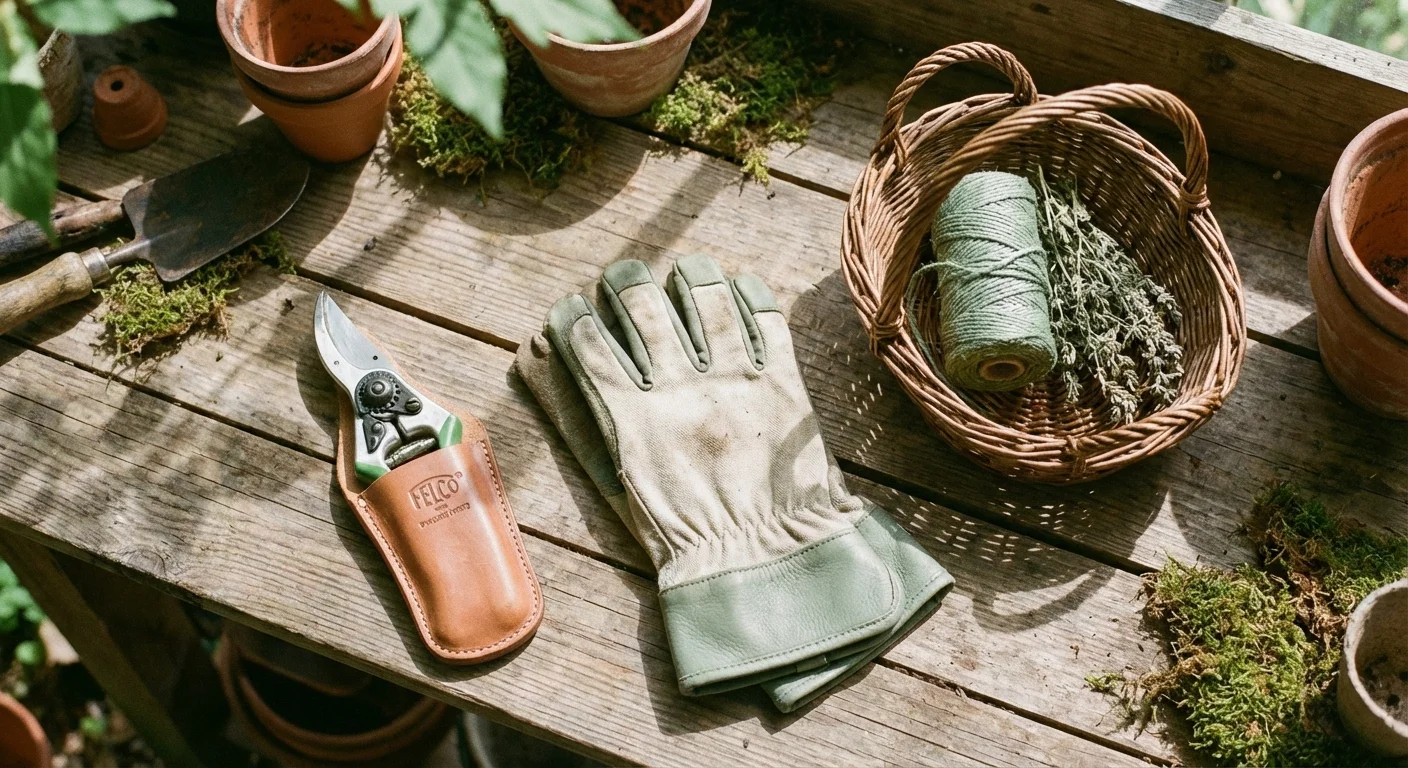 Gardening tools, gloves, and a basket on a rustic wooden table.