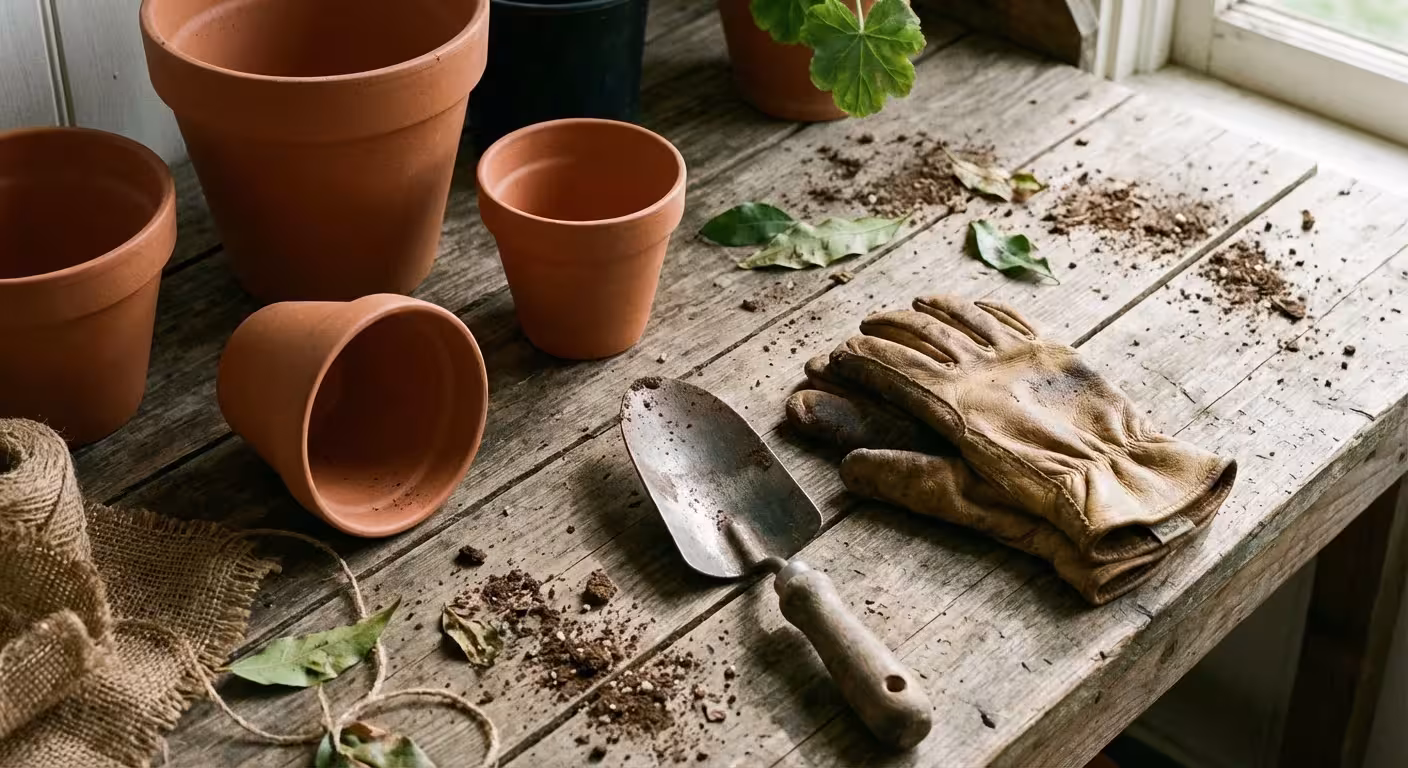 Gardening tools including terracotta pots, a trowel, and gloves laid out on a wooden table.