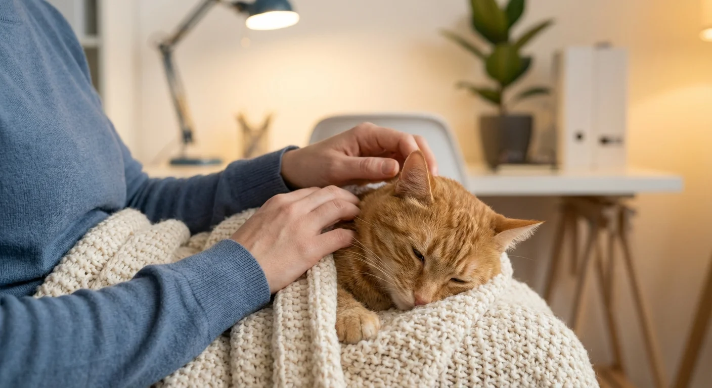 Gentle hands petting a cat wrapped in a blanket.