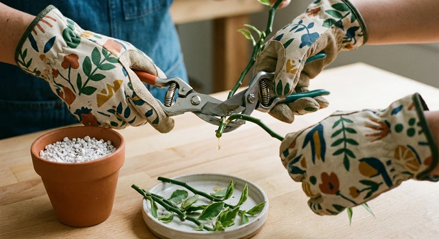 Gloved hands taking a stem cutting from a Devil's Backbone plant for propagation.