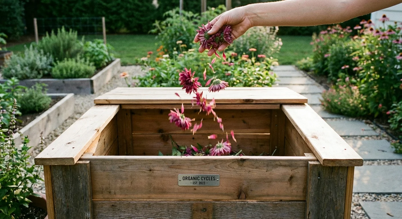 Hand dropping dead flower heads into a garden compost bin.