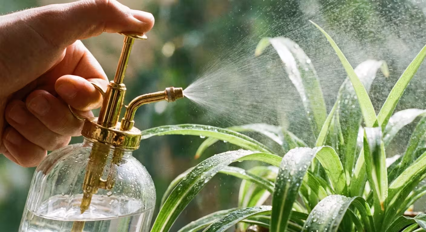 Hand using a glass mister to spray water droplets onto spider plant leaves.
