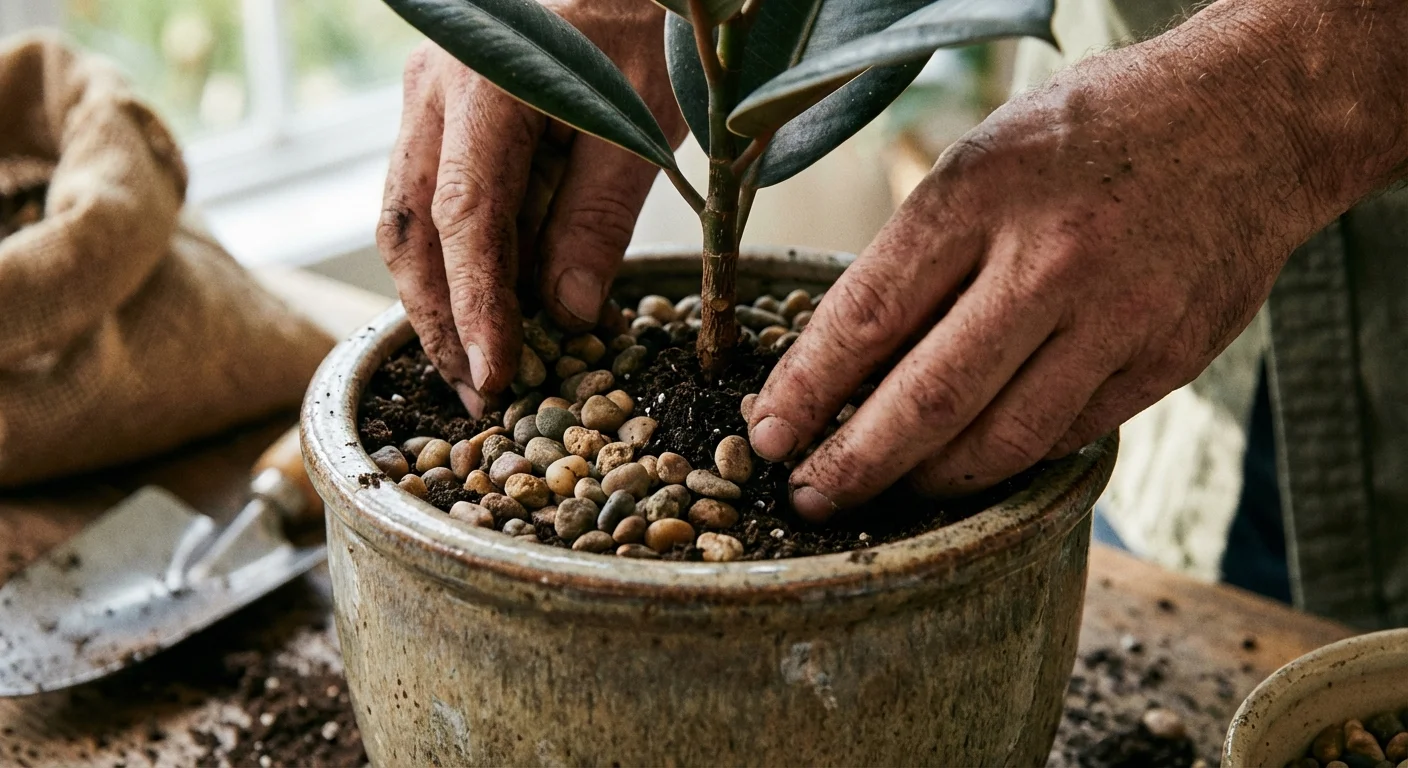Hands adding drainage pebbles to the soil of a potted rubber plant.