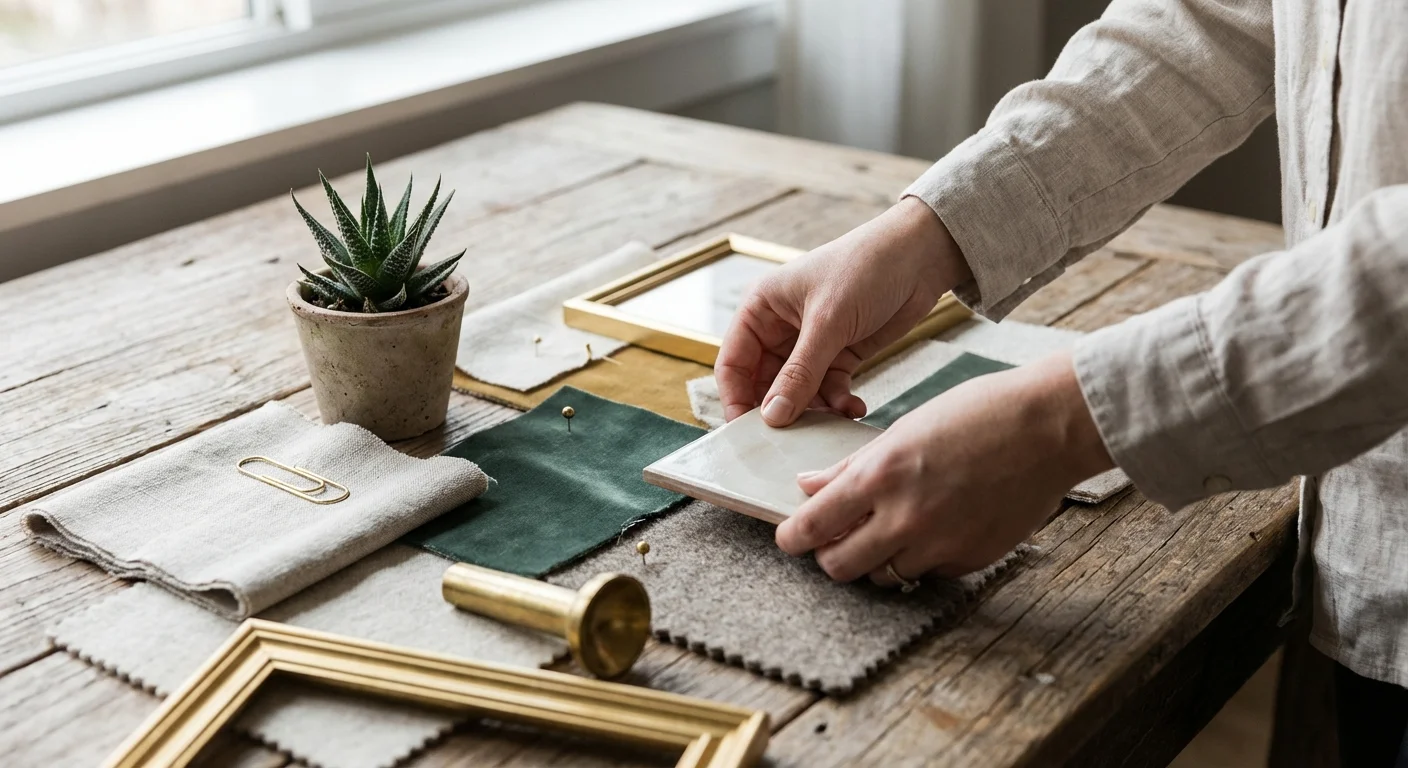 Hands arranging decor swatches and plants on a table against a blank wall.