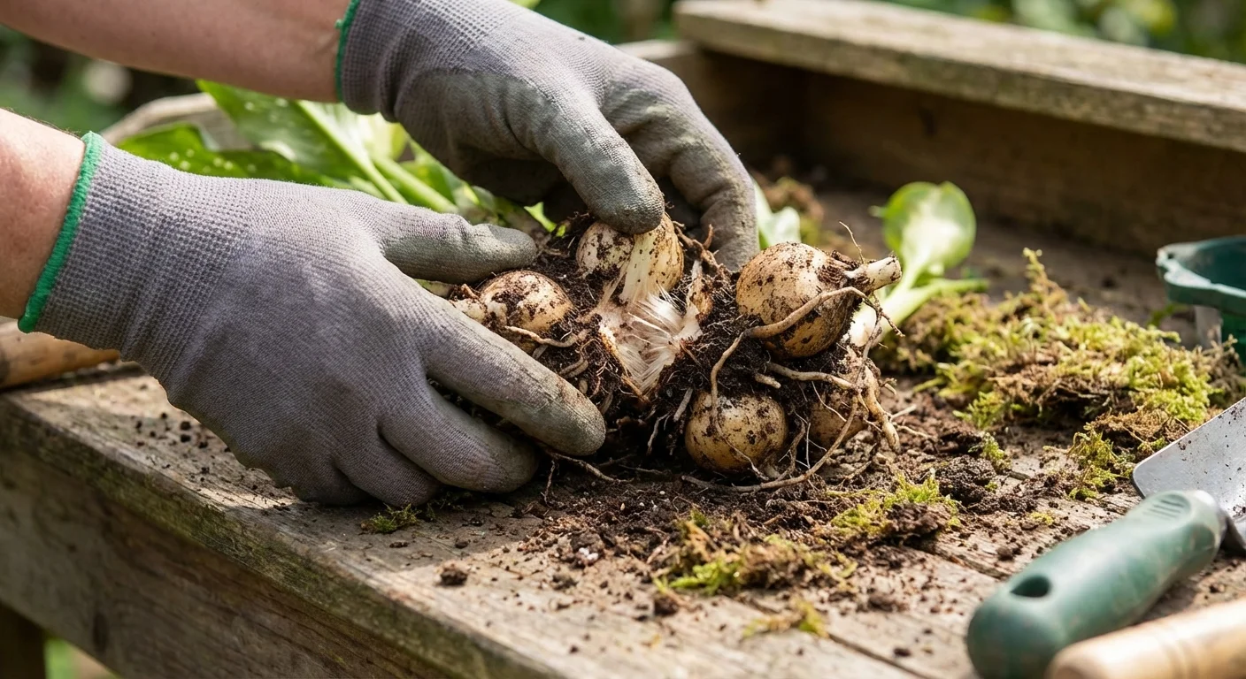 Hands carefully dividing Calla Lily rhizomes on a wooden bench.