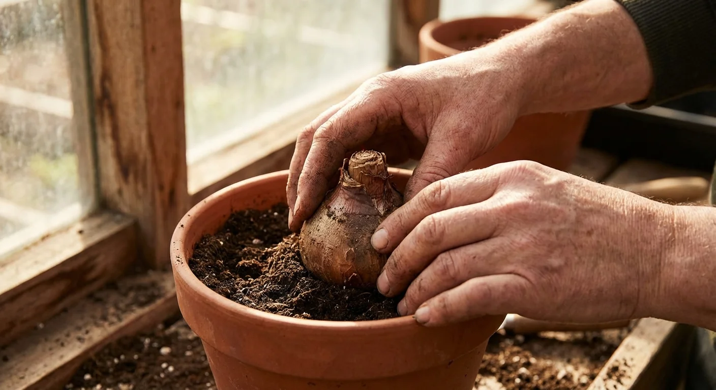 Hands checking the firmness of an Alocasia bulb in soil.