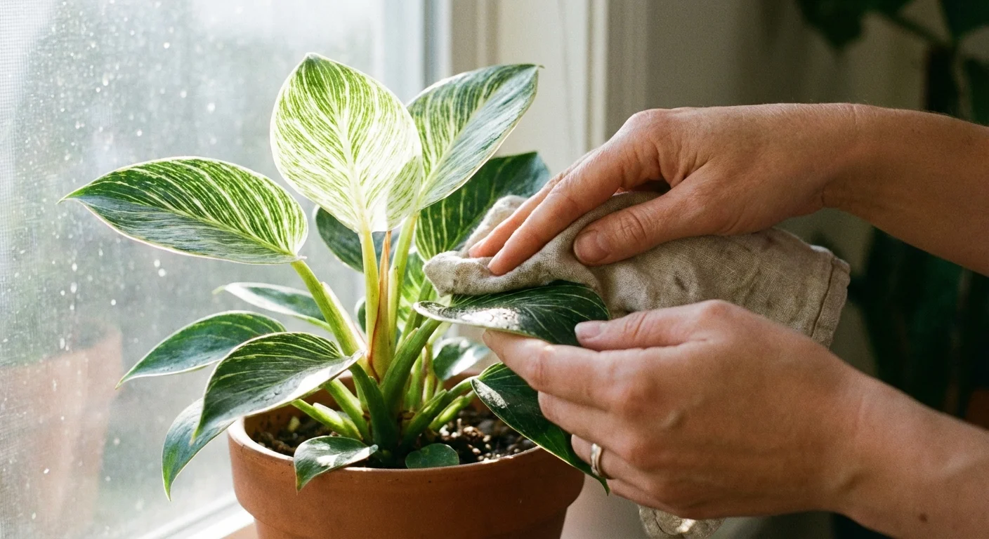 Hands cleaning the variegated leaves of a Philodendron Birkin near a bright window.