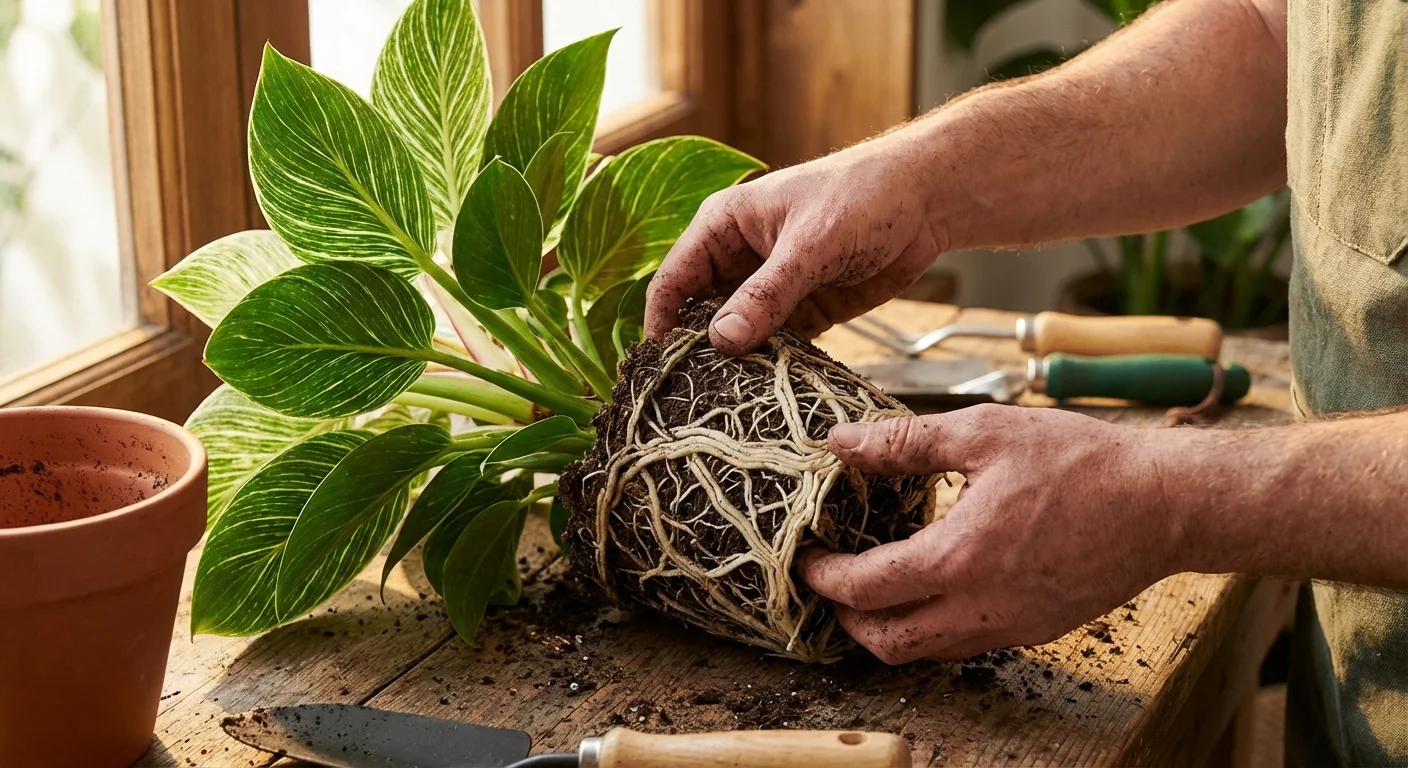 Hands gently loosening the root ball of a Philodendron Birkin plant during repotting.