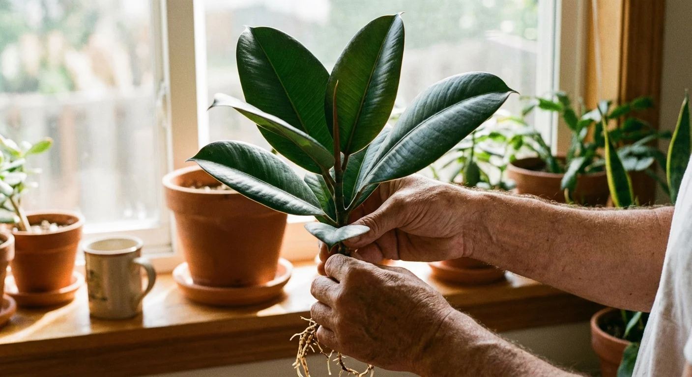 Hands holding a healthy green rubber plant cutting in front of a bright window.