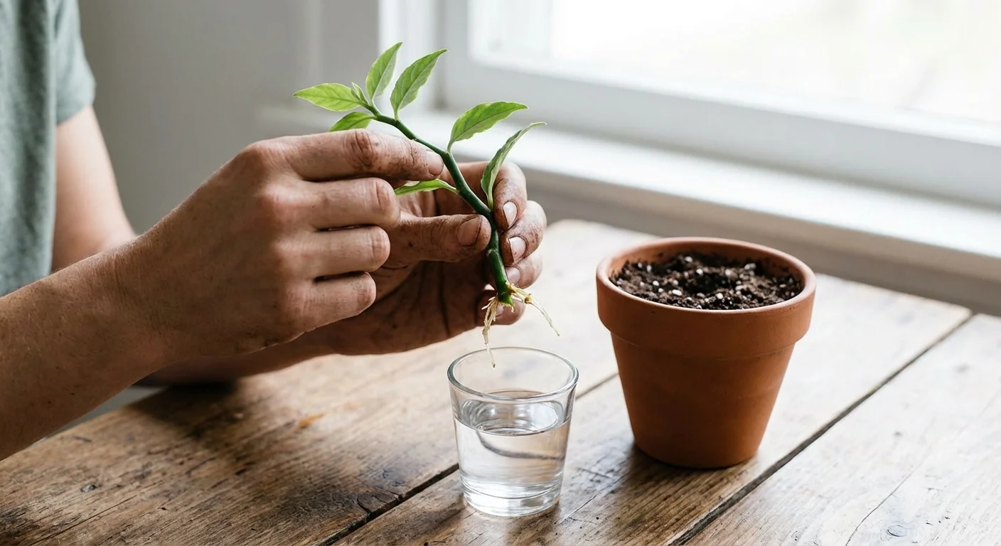 Hands holding a plant cutting for propagation over a wooden table.