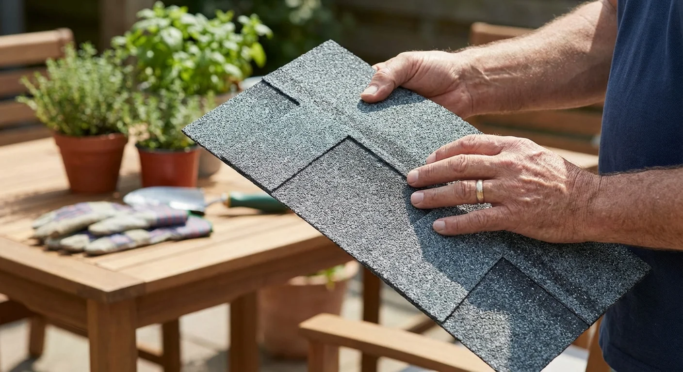 Hands holding a roofing shingle sample over a wooden table.