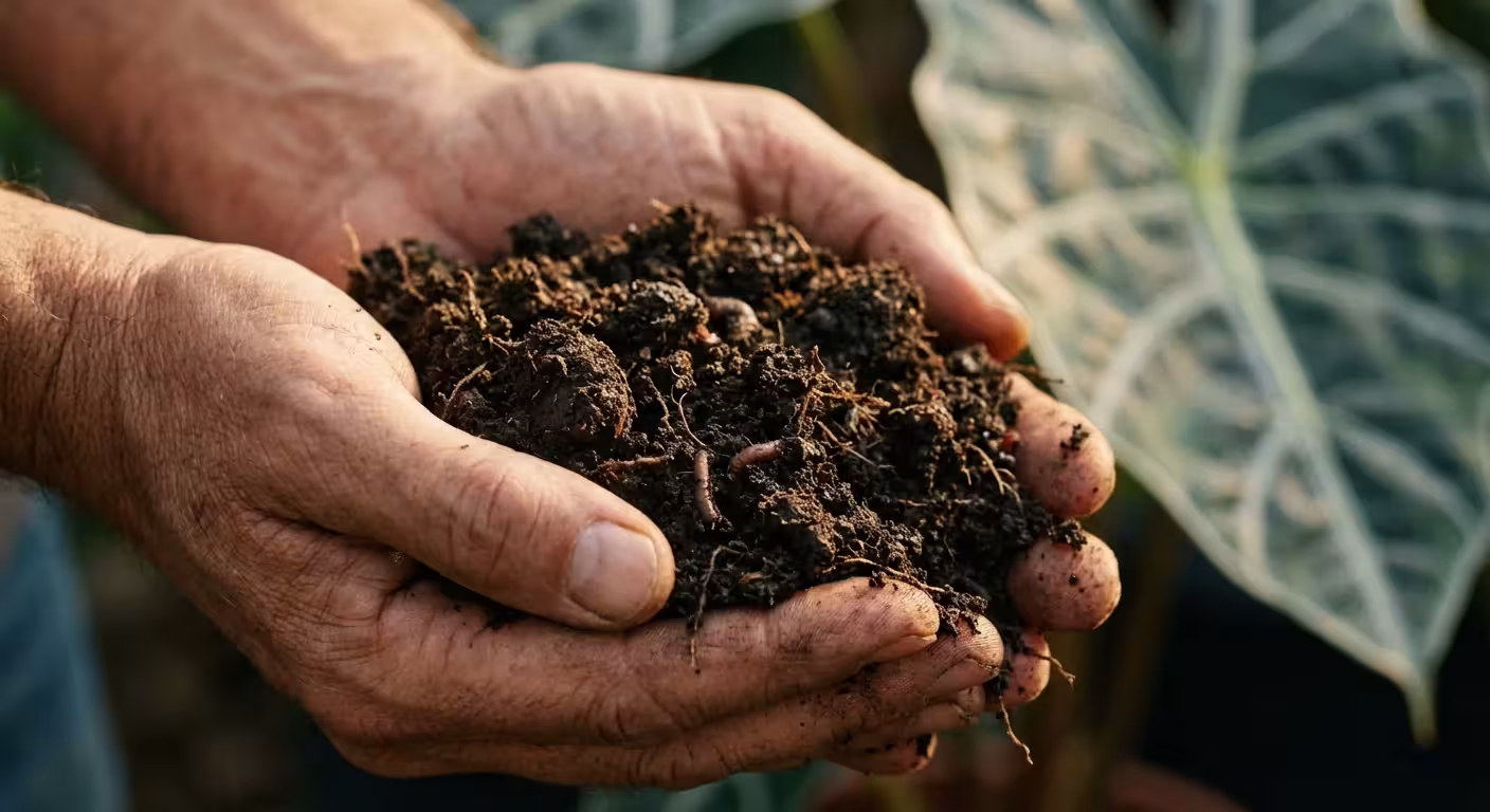 Hands holding rich, dark organic soil, emphasizing texture and moisture.