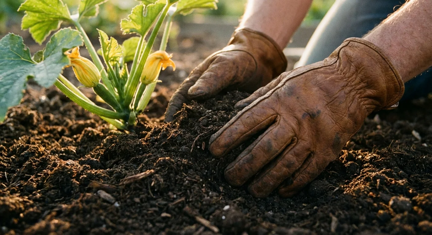 Hands in gardening gloves adding compost to the base of a zucchini plant.