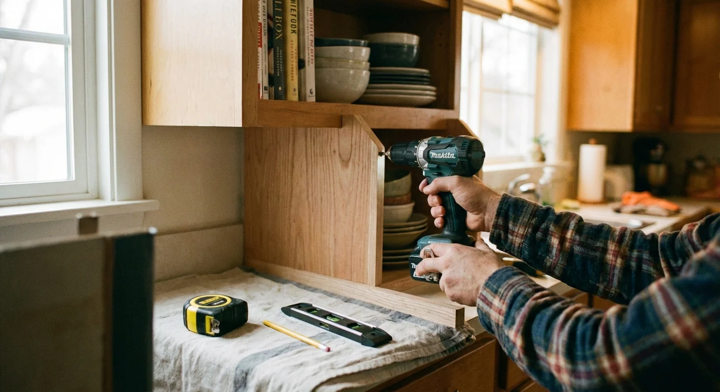 Hands installing a DIY wooden shelf organizer in a kitchen cabinet.