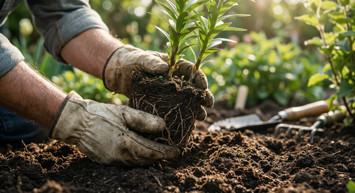 Hands lifting a lily plant from the soil for transplanting.
