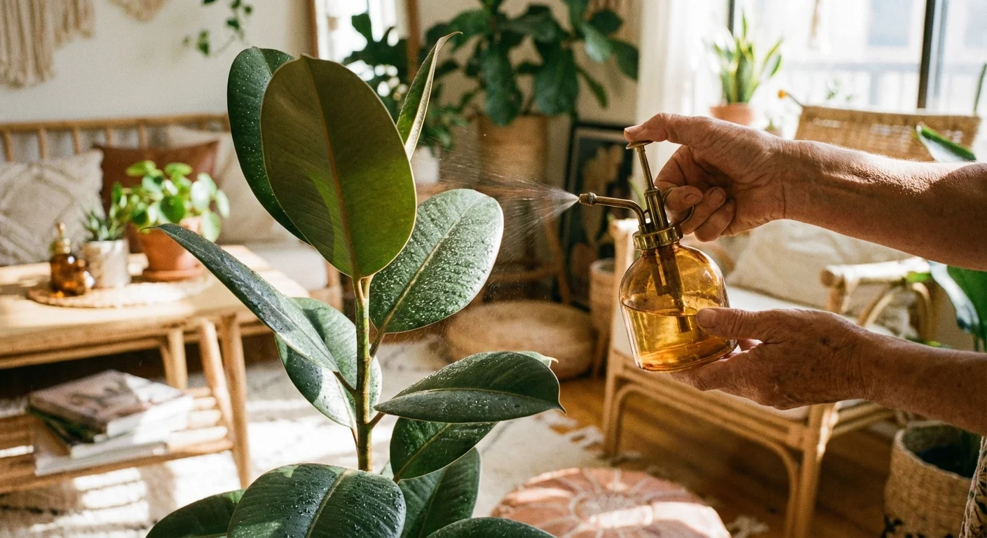 Hands misting a rubber plant to maintain humidity.