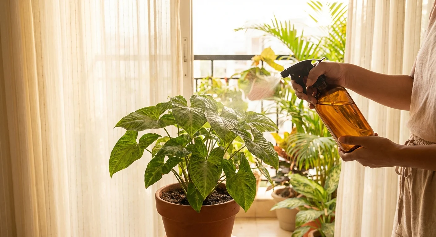 Hands misting a Syngonium plant near a bright window to increase humidity.