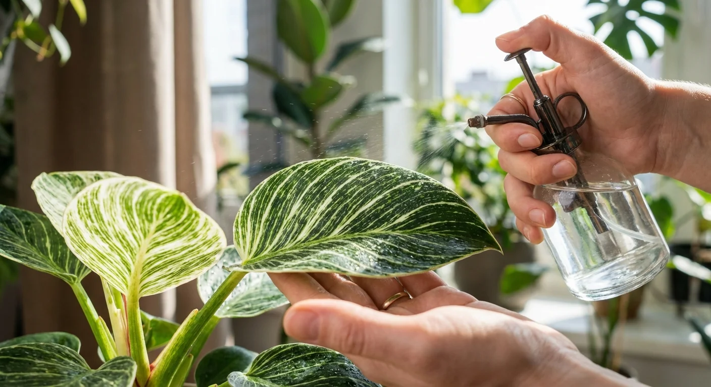 Hands misting a variegated Philodendron Birkin leaf to encourage healthy growth.